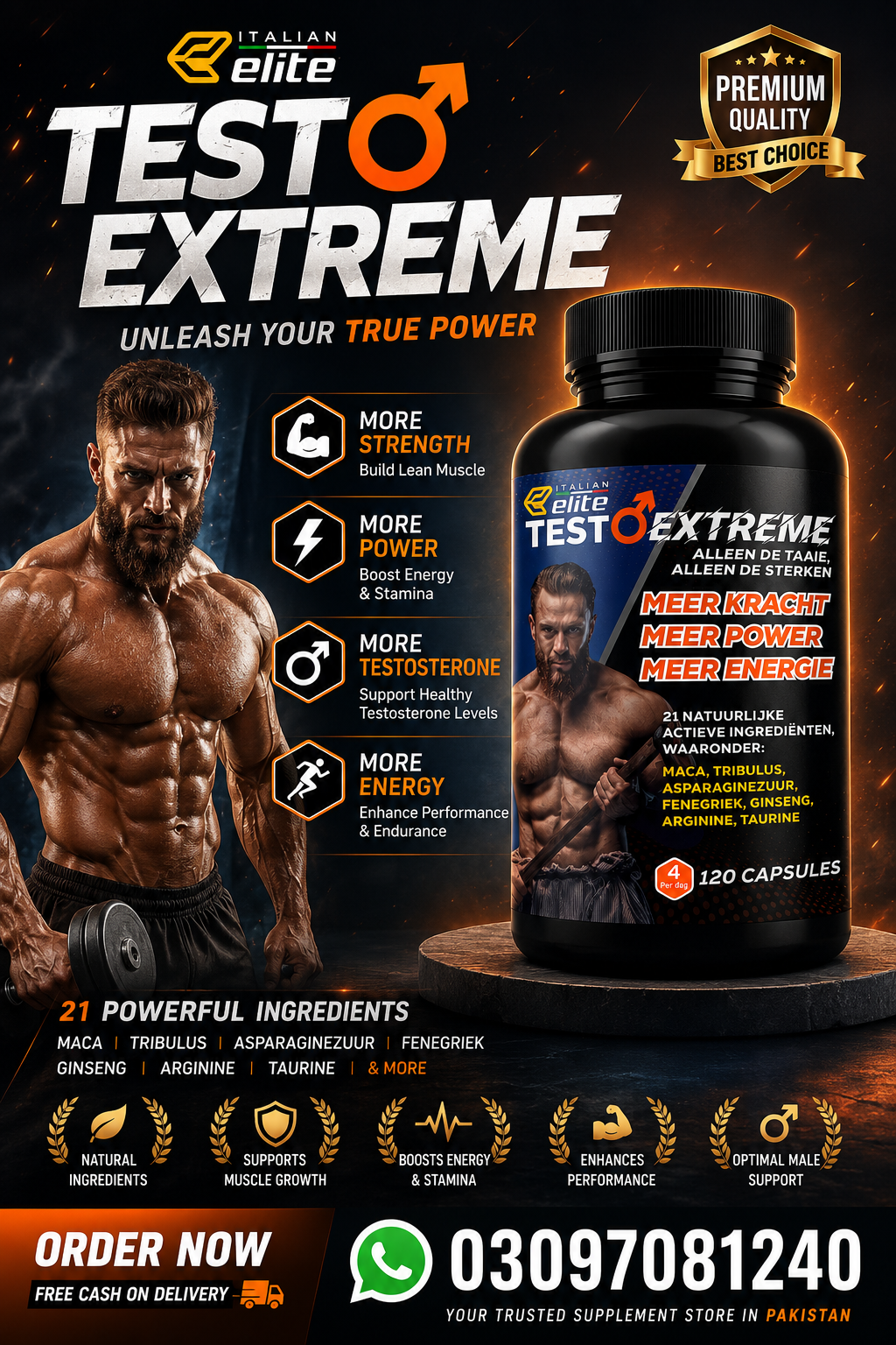Italian Elite Testo Extreme 120 Caps Maca 8000 mg Booster with Tribulus in pakistan