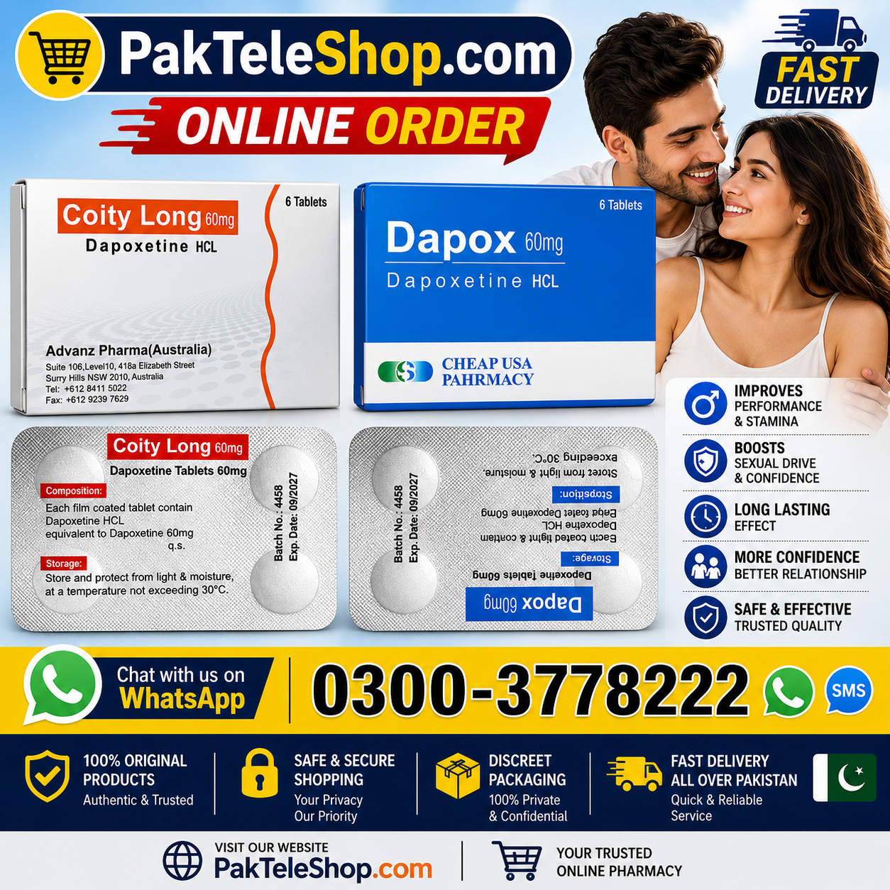 Purchase Dapoxetine 60mg Online with Discreet Delivery in Pakistan