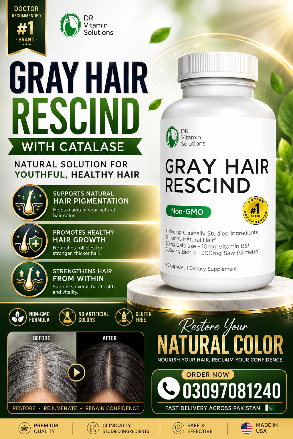 Gray Hair Rescind with Catalase - Anti-Gray  Men and Women, Hair Vitamins Biotin in pakistan