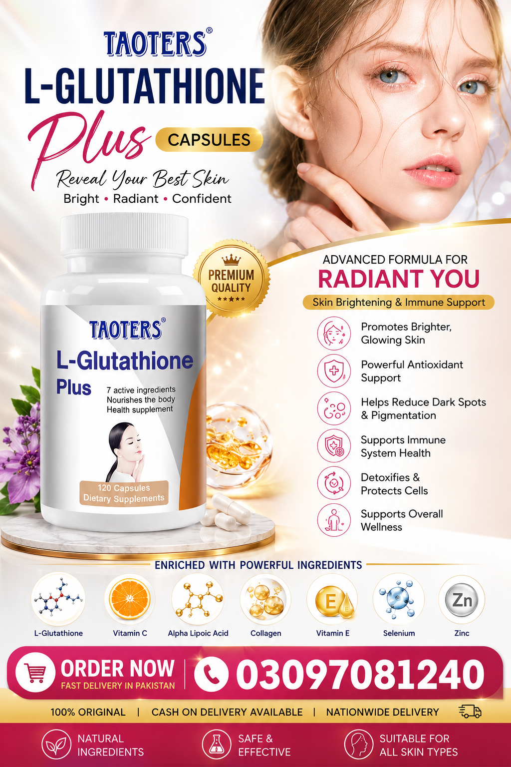 L-Glutathione Capsules - Supports Healthy Skin, Bone,Teeth, 2 pack 60 capsules in pakistan