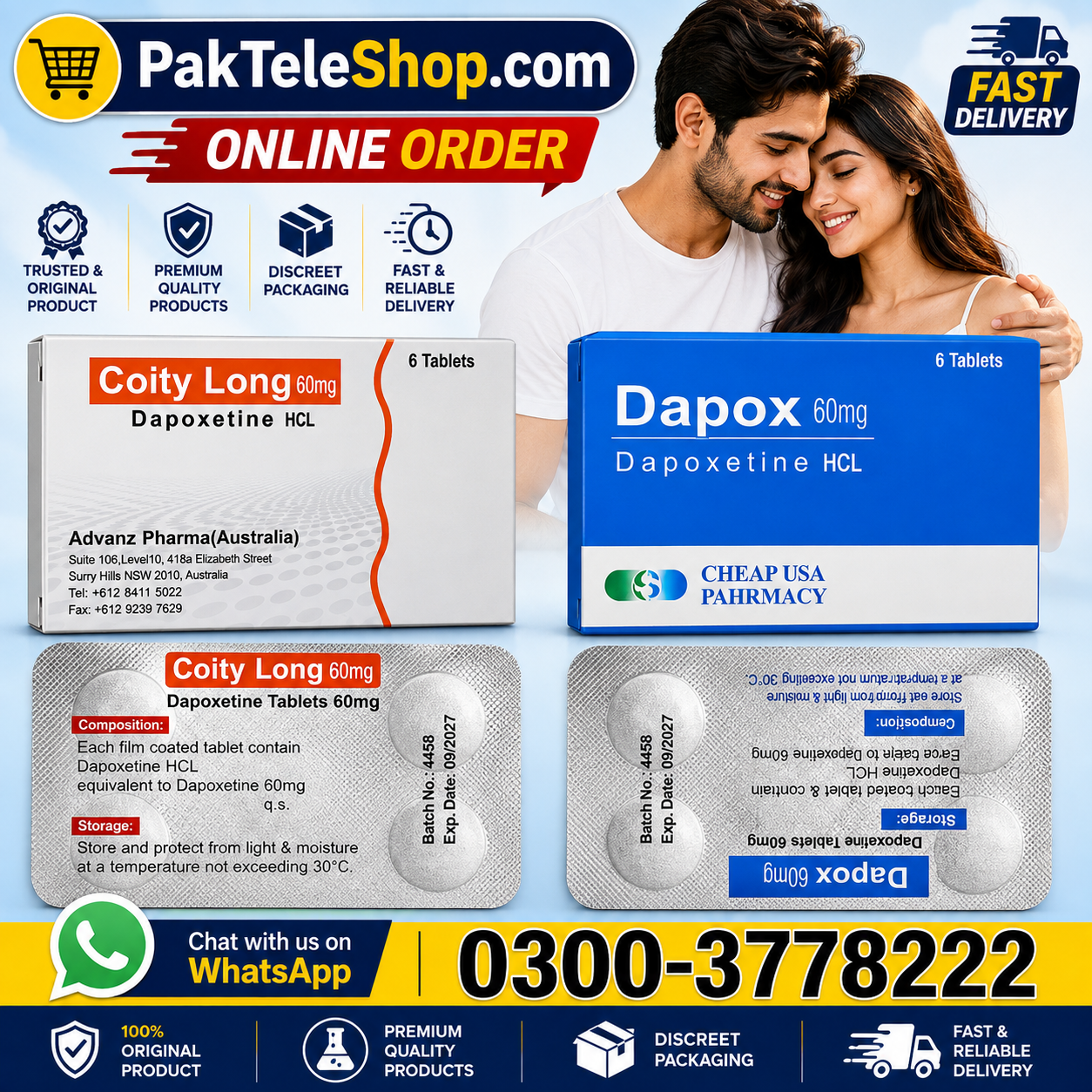 Dapoxetine 60mg Price In Pakistan - 0300-3778222 | PakTeleShop