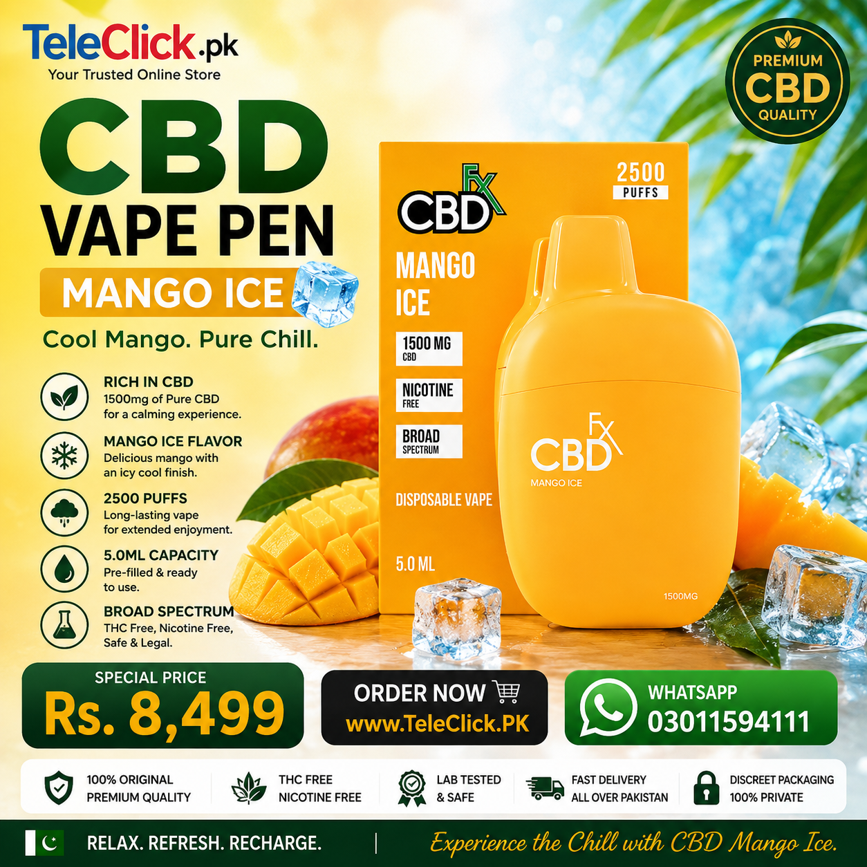 CBD Vape Pen Mango Ice – Premium Disposable CBD Vape Pen | TeleClick.pk