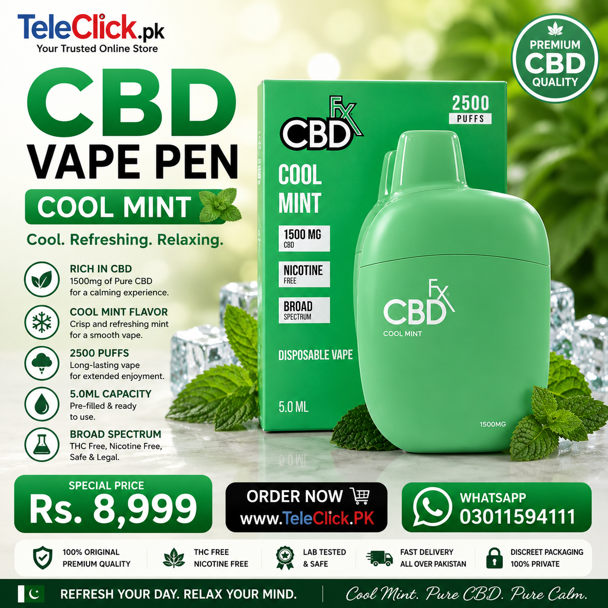 CBD Vape Pen Cool Mint in Pakistan | Disposable CBD Vape | TeleClick.pk