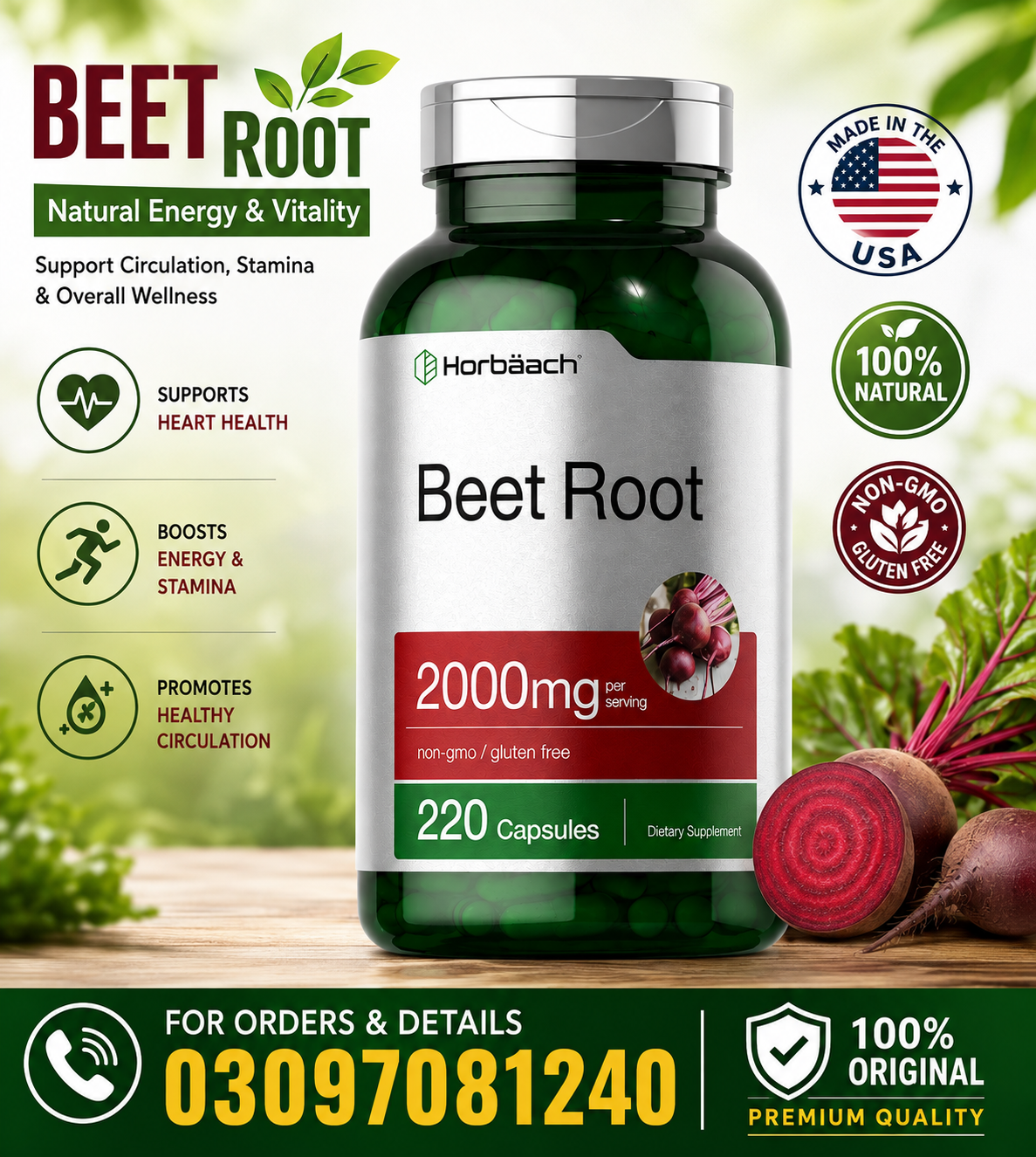Horbäach Beet Root Powder Capsules| Herbal Extract | Non-GMO, Gluten Free Supplement in Pakistan