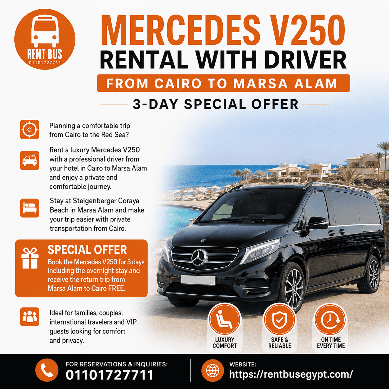 Mercedes V250 Rental with Driver from Cairo to Marsa Alam – Stay 3 Days and Get Your Return Trip