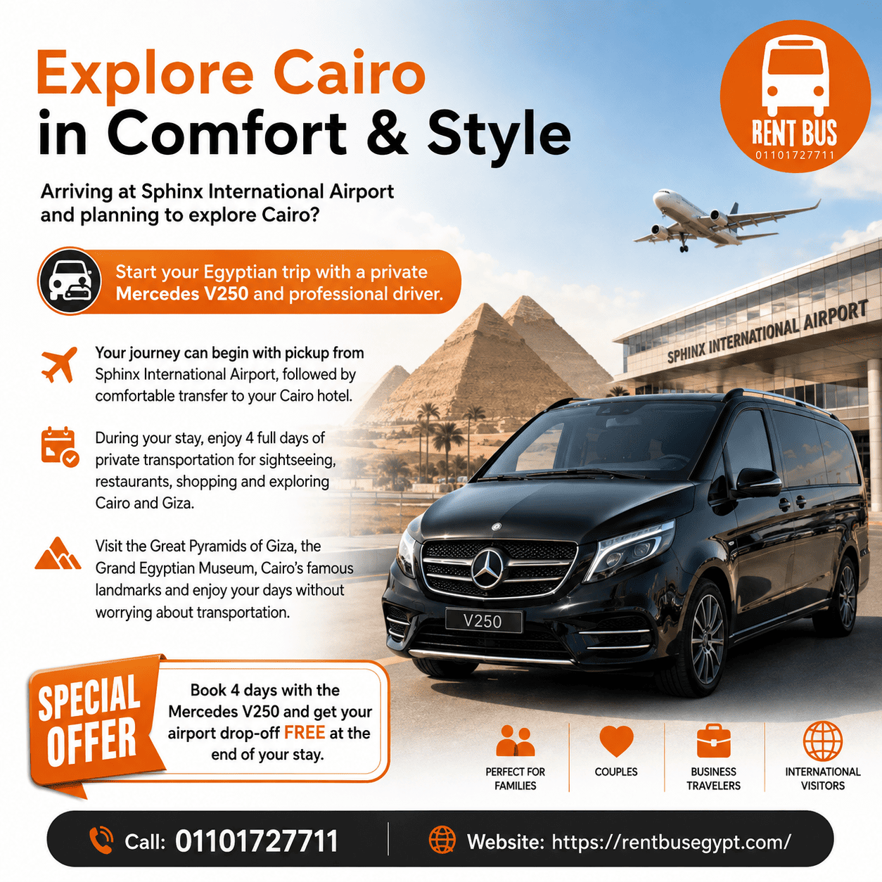 Mercedes V250 Private Chauffeur Service in Cairo – Sphinx Airport Pickup, Hotel Transfer, 4-Day Tour