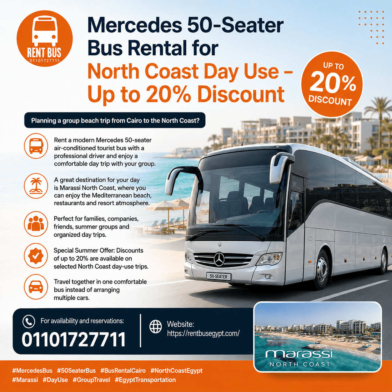 Mercedes 50-Seater Bus Rental for North Coast Day Use – Enjoy Sidi Abdel Rahman Beach with Discounts