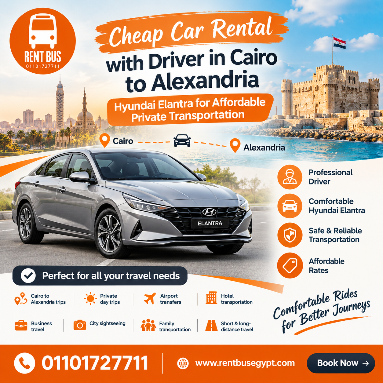 Cheap Car Rental with Driver in Cairo to Alexandria | Hyundai Elantra for Affordable Private 