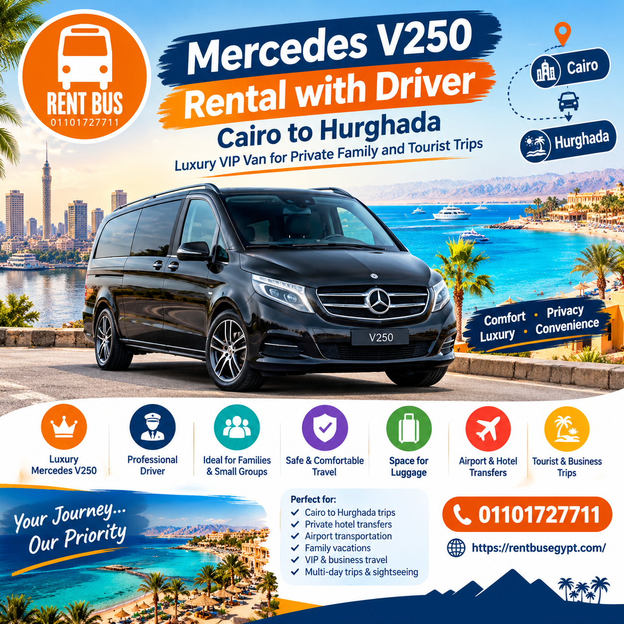 Mercedes V250 Rental with Driver in Cairo to Hurghada | Luxury VIP Van for Private Family 