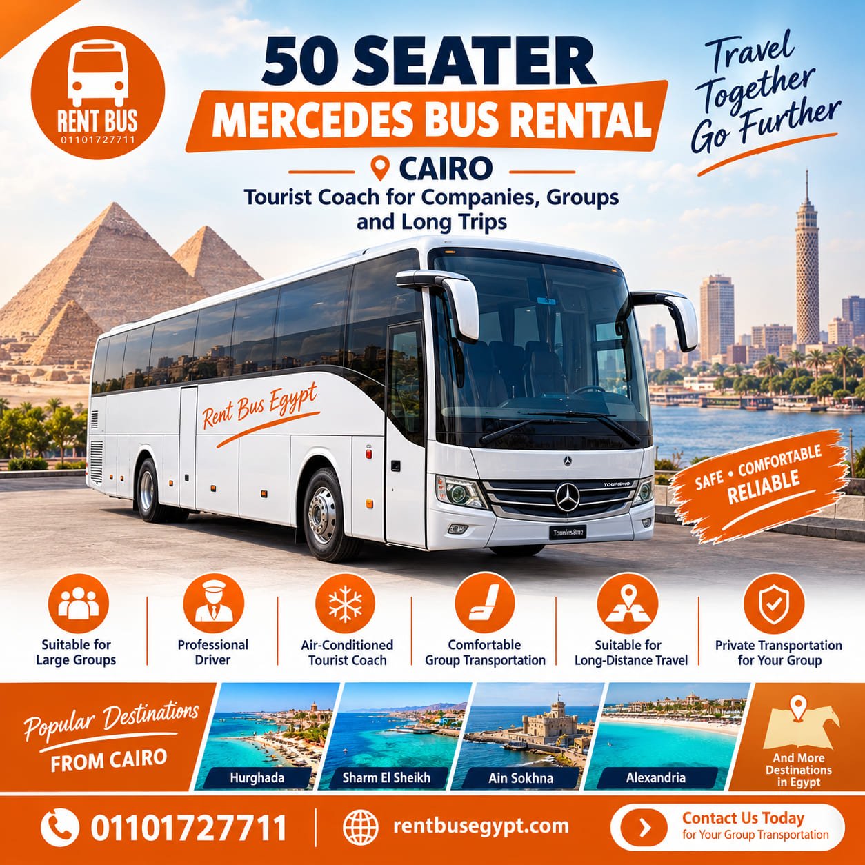 50 Seater Mercedes Bus Rental Cairo | Tourist Coach for Companies, Groups and Long Trips