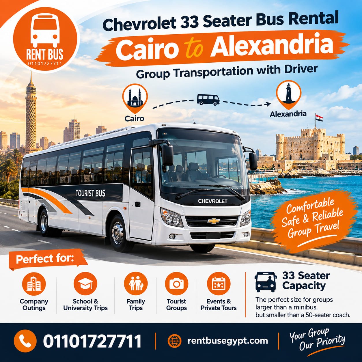 Chevrolet 33 Seater Bus Rental Cairo to Alexandria | Group Transportation with Driver