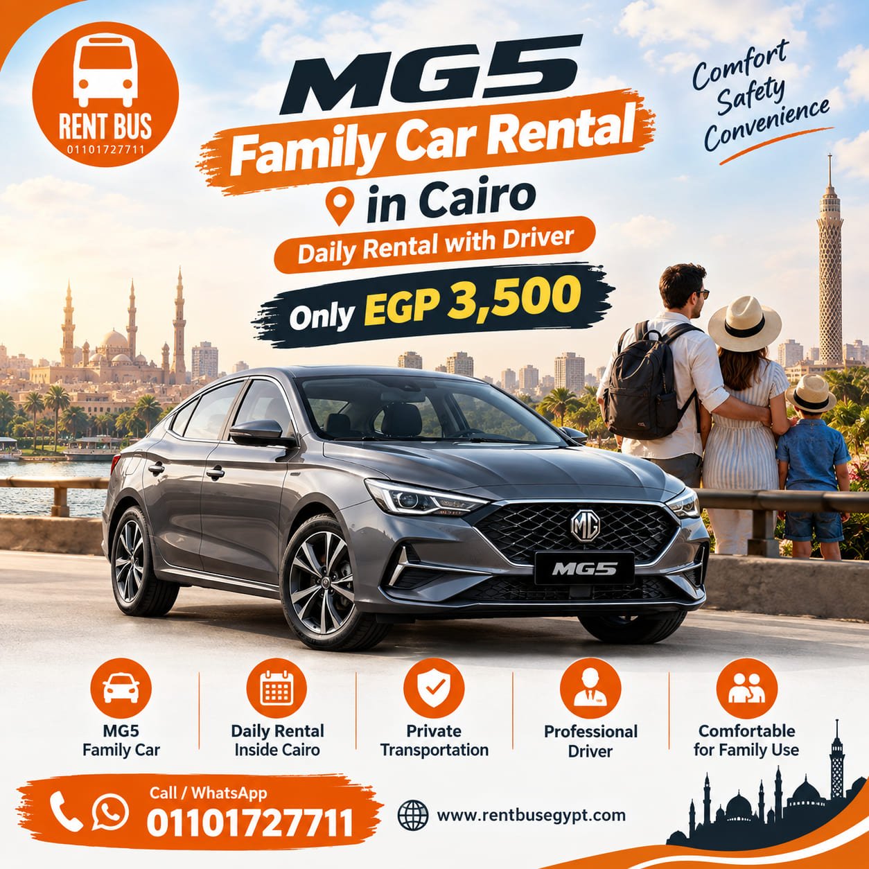 MG5 Family Car Rental in Cairo | Daily Rental with Driver – Only EGP 3,500
