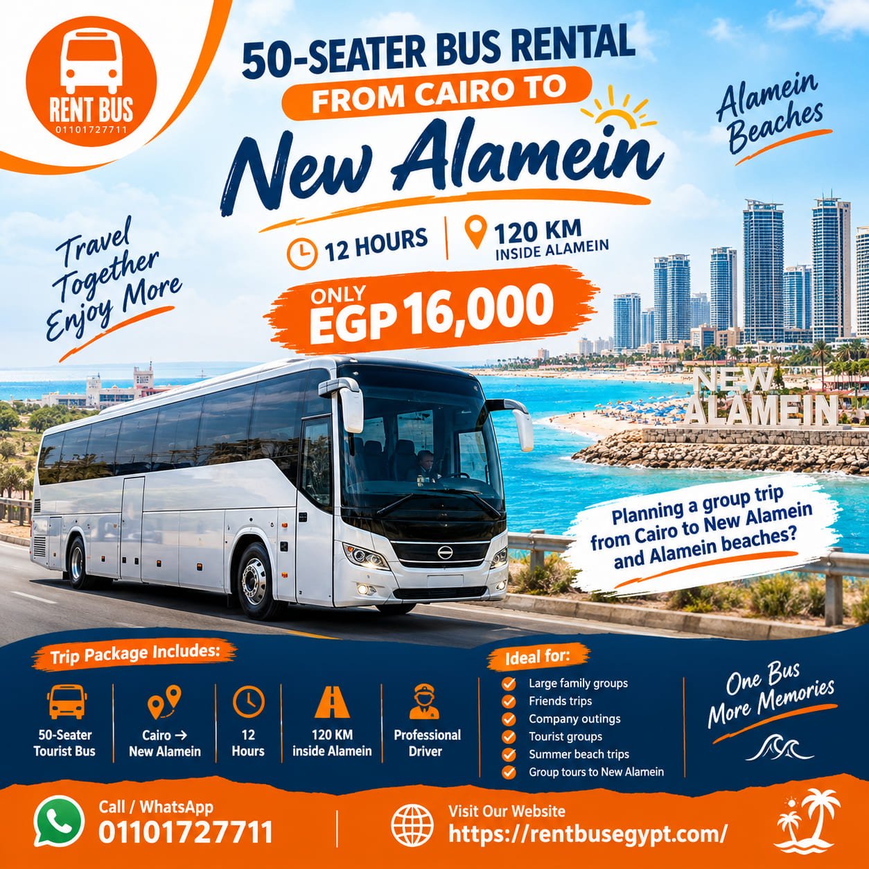 50-Seater Bus Rental from Cairo to New Alamein | 12 Hours & 120 KM – EGP 16,000