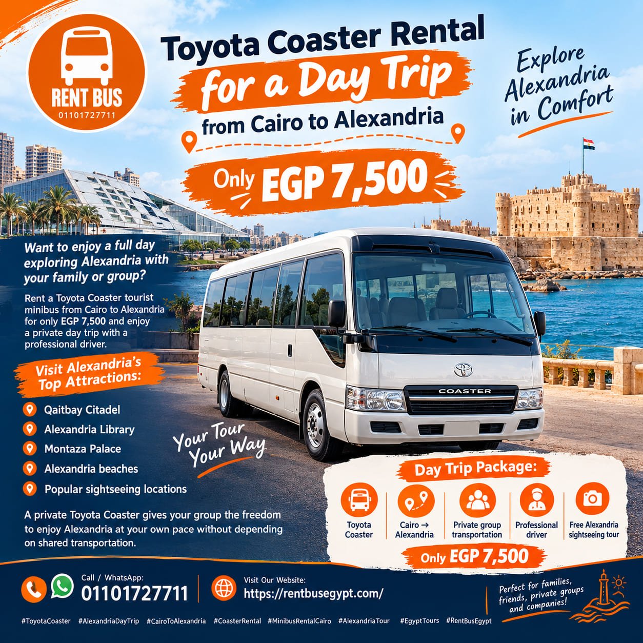 Toyota Coaster Rental for a Day Trip from Cairo to Alexandria | Only EGP 7,500