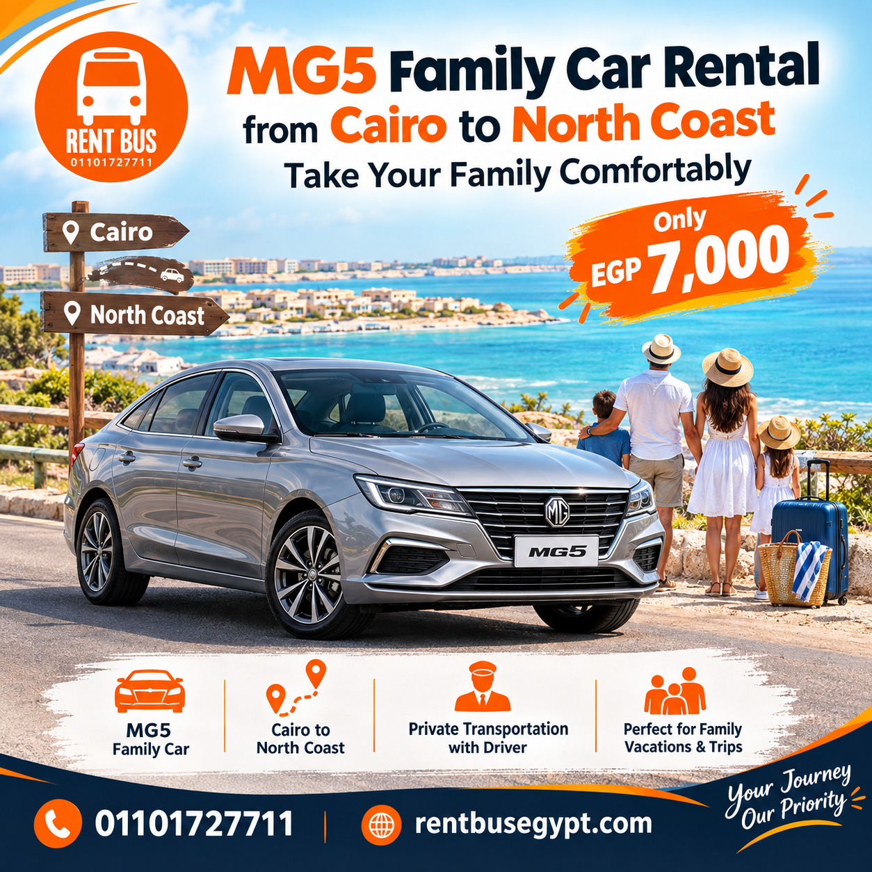 MG5 Family Car Rental from Cairo to North Coast – Take Your Family Comfortably for Only EGP 7,000